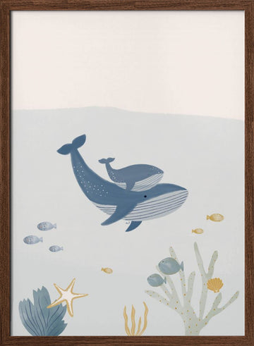 Underwater Whale Family | Poster - Walnut Frame Interior