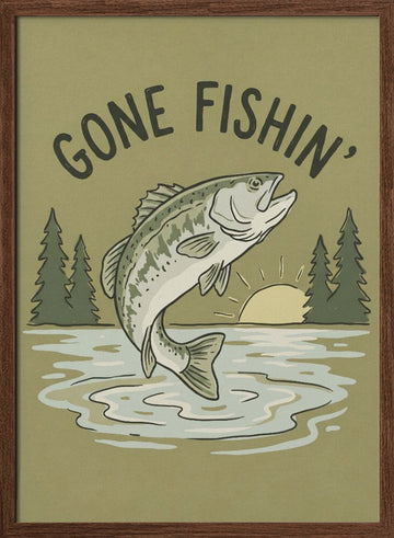 Gone Fishin Bass Lake | Poster - Walnut Frame Interior