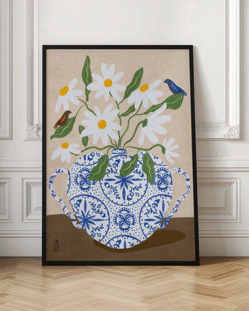 Daisies In Blue Teapot | Poster - Room Interior 1