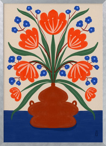 Vibrant Floral Terracotta Vase | Poster - Silver Frame Interior