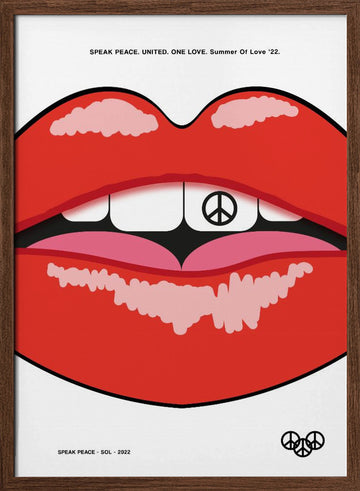 Red Lips Peace Sign | Poster - Walnut Frame Interior