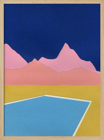 Blue Pool Pink Mountains | Poster - Wood Frame Interior