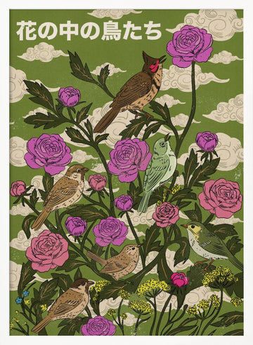 Garden Birds And Roses | Poster - White Frame Interior