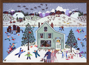Joyful Winter Village Scene | Poster - Walnut Frame Interior