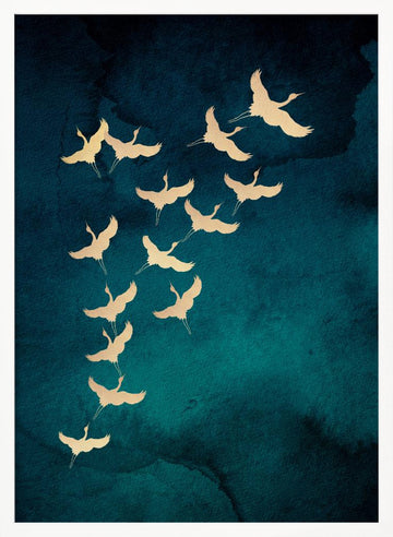 Graceful Golden Cranes | Poster - White Frame Interior
