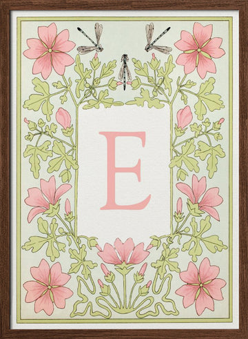 Pink Floral Letter E | Poster - Walnut Frame Interior