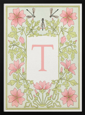 Elegant Botanical Letter T | Poster - Black Metal Frame Interior