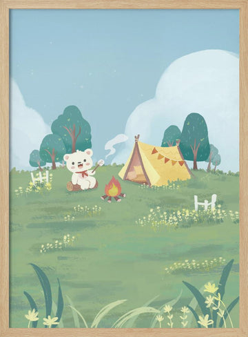Bear Campfire Roasting Marshmallow | Poster - Wood Frame Interior
