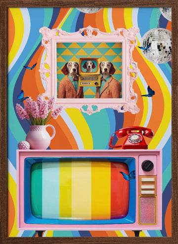 Colorful Retro Dog Scene | Poster - Walnut Frame Interior