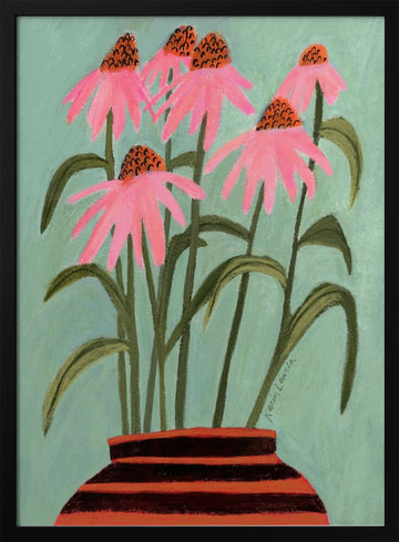 Pink Coneflowers in Vase | Poster - Black Metal Frame Interior