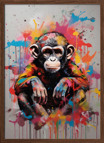 Vibrant Chimp Splatter | Poster - Walnut Frame Interior