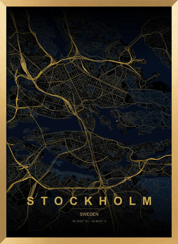 Golden Stockholm Map | Poster - Gold Frame Interior
