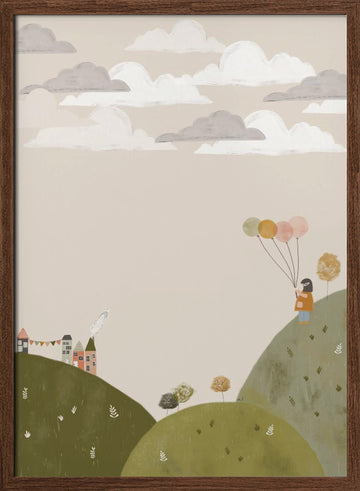 Dreamy Balloon Girl | Poster - Walnut Frame Interior