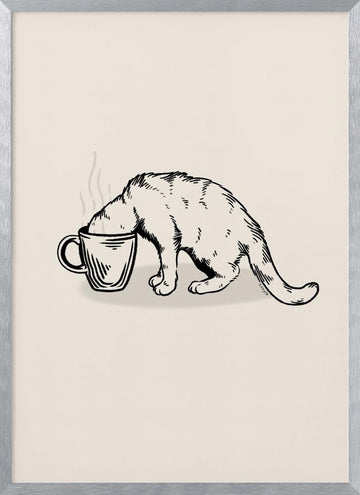 Cozy Coffee Cat | Poster - Silver Frame Interior