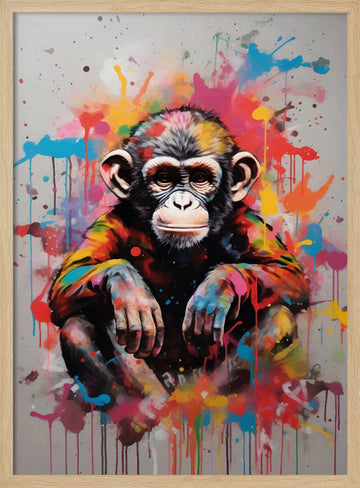 Vibrant Chimp Splatter | Poster - Wood Frame Interior
