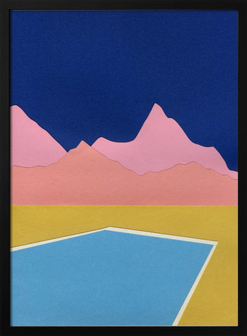 Blue Pool Pink Mountains | Poster - Black Metal Frame Interior