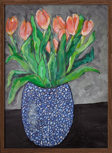 Vibrant Tulips In Blue Vase | Poster - Walnut Frame Interior