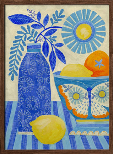 Blue Citrus Still Life | Poster - Walnut Frame Interior