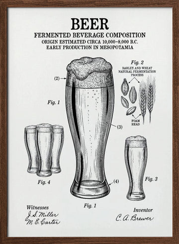 Beer Patent Drawing | Poster - Walnut Frame Interior