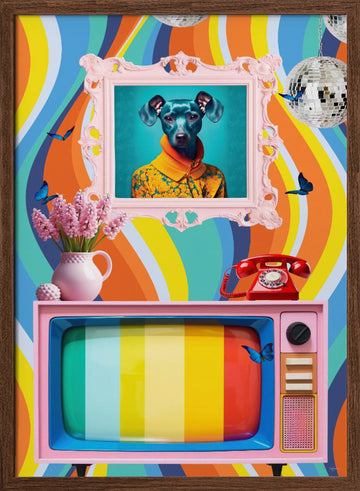 Groovy Dog Pink TV | Poster - Walnut Frame Interior