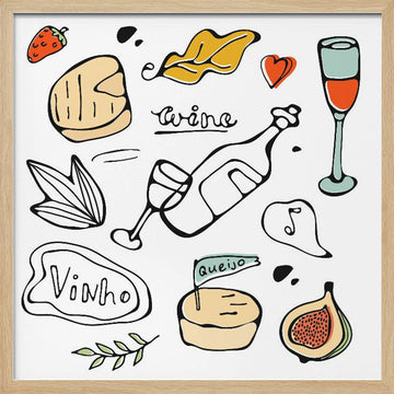 Wine and Food Sketches | Poster - Wood Frame Interior