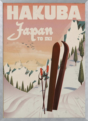 Retro Hakuba Skiing | Poster - Silver Frame Interior