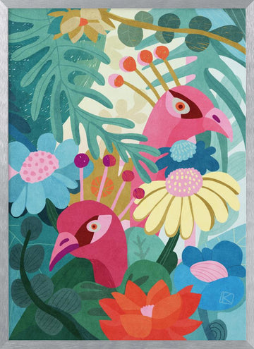 Tropical Birds And Flowers | Poster - Silver Frame Interior