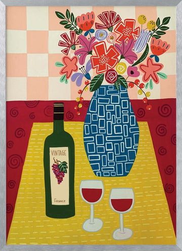 Vibrant Wine and Flowers | Poster - Silver Frame Interior