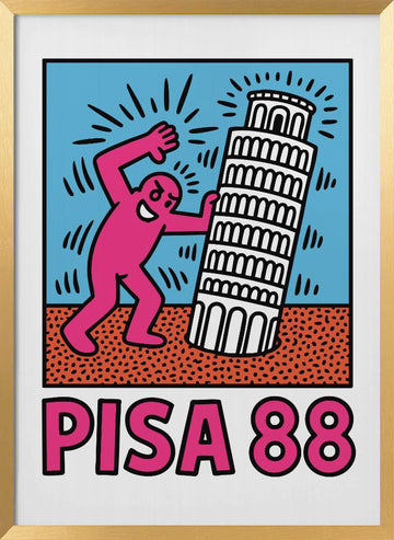 Playful Pisa Tower Push | Poster - Gold Frame Interior