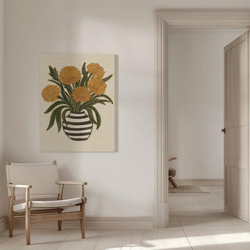 Yellow Chrysanthemums Striped Vase | Canvas - Room Interior 1