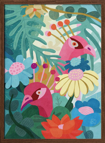 Tropical Birds And Flowers | Poster - Walnut Frame Interior