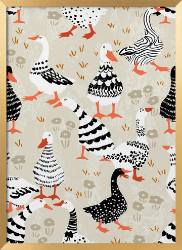 Whimsical Patterned Geese | Poster - Gold Frame Interior