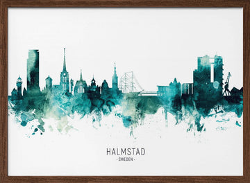Halmstad Sweden Skyline | Poster - Walnut Frame Interior