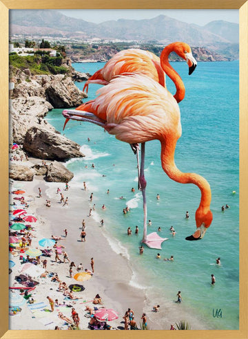 Surreal Beach Flamingos | Poster - Gold Frame Interior