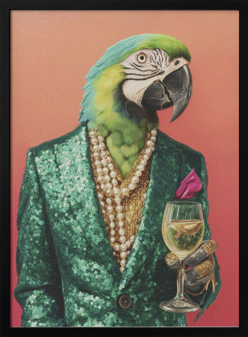 Dapper Parrot with Wine | Poster - Black Metal Frame Interior