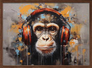 Chimpanzee with Headphones | Poster - Walnut Frame Interior