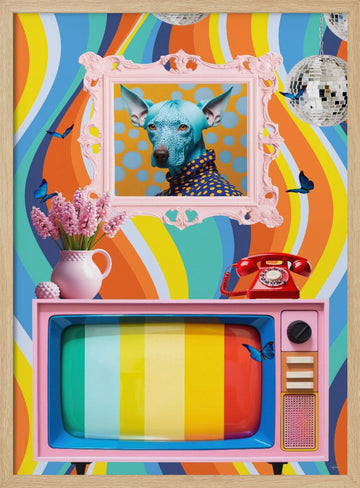 Colorful Groovy Blue Dog | Poster - Wood Frame Interior