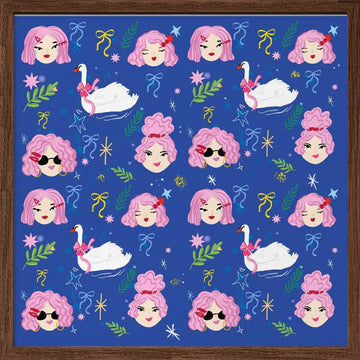 Whimsical Girls Swans Pattern | Poster - Walnut Frame Interior