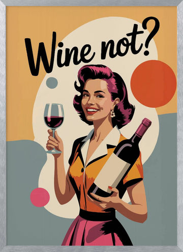 Happy Retro Wine Woman | Poster - Silver Frame Interior