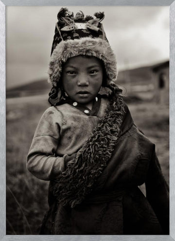 Watchful Child in Fur | Poster - Silver Frame Interior