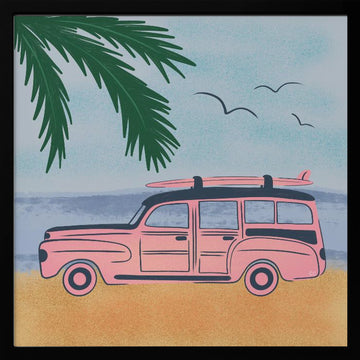 Pink Beach Surfer Car | Poster - Black Metal Frame Interior