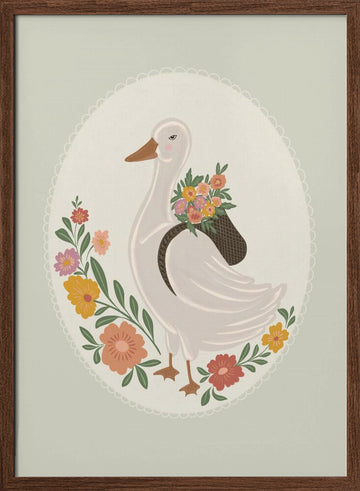 Whimsical Floral Goose | Poster - Walnut Frame Interior