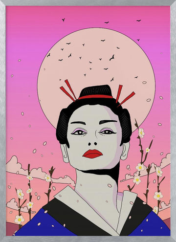 Serene Geisha Moon | Poster - Silver Frame Interior