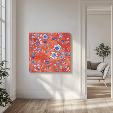 Whimsical Blue Orange Flowers | Canvas - Room Interior 1