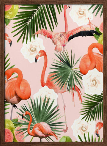 Flamingos Tropical Guava Bliss | Poster - Walnut Frame Interior