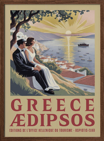 Couple's Greek Sunset | Poster - Walnut Frame Interior