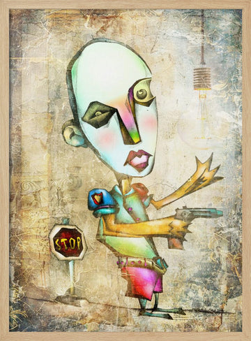 Surreal Stop Sign Figure | Poster - Wood Frame Interior