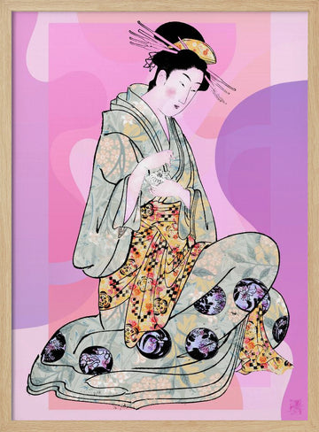 Elegant Geisha Kneeling | Poster - Wood Frame Interior