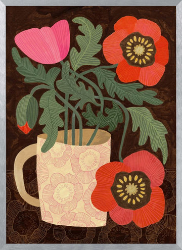 Poppies in a Pink Mug | Poster - Silver Frame Interior