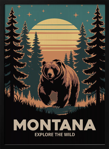 Grizzly Bear Forest Sunset | Poster - Black Metal Frame Interior